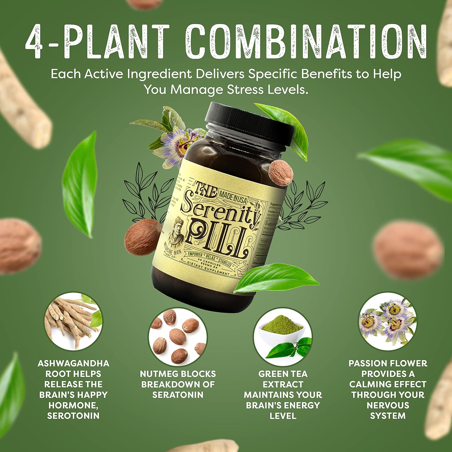 Organic Serenity Pill with Ashwagandha, Passion Flower, Nutmeg, Green Tea Extract - 60 Capsules - Natural Anti-Stress Supplement by Medicine Man Plant Co