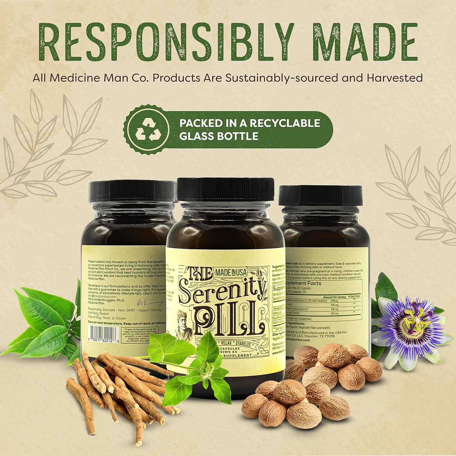 Organic Serenity Pill with Ashwagandha, Passion Flower, Nutmeg, Green Tea Extract - 60 Capsules - Natural Anti-Stress Supplement by Medicine Man Plant Co