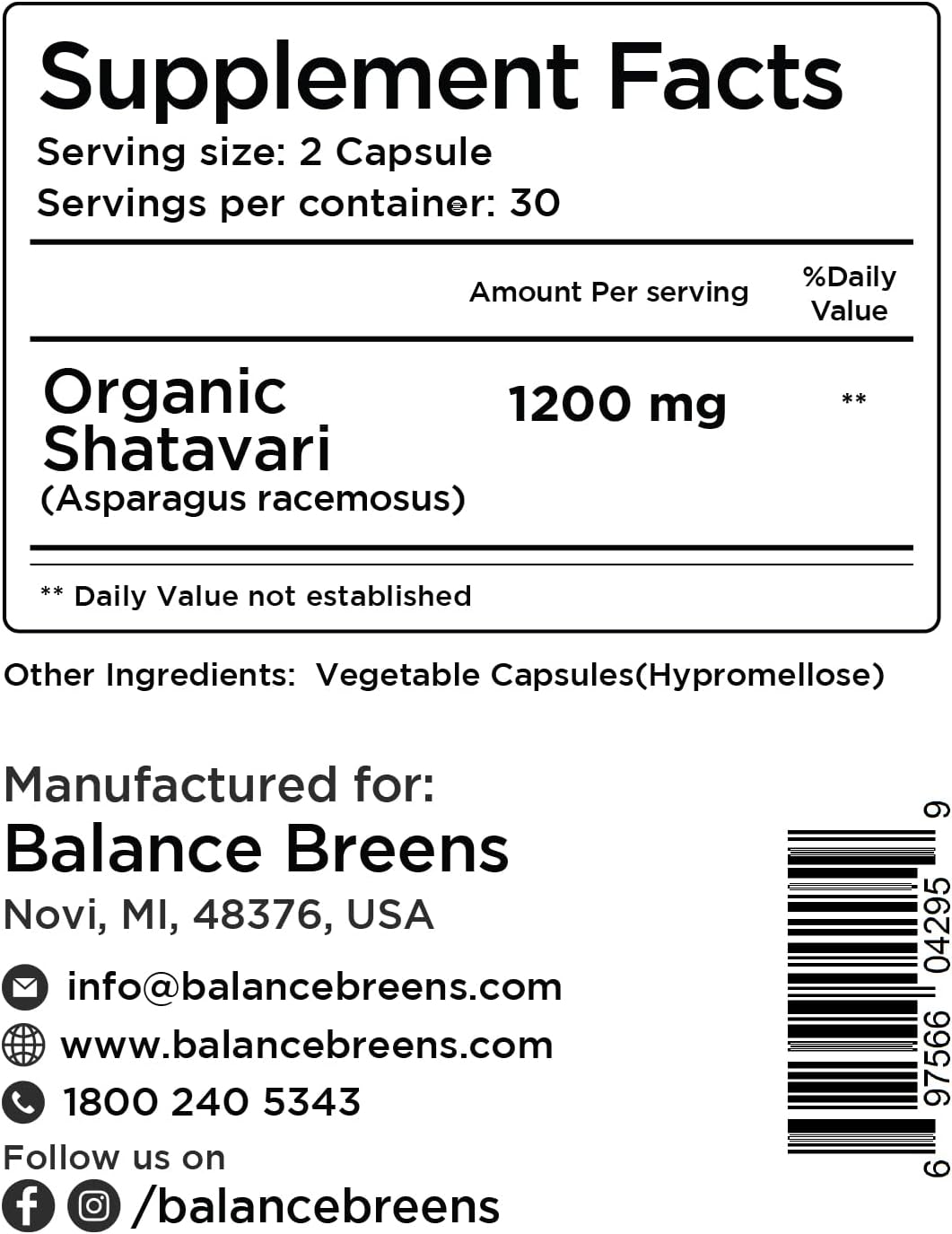 Organic Shatavari Capsules 1200mg - Lactation Support & Hormonal Balance for Women