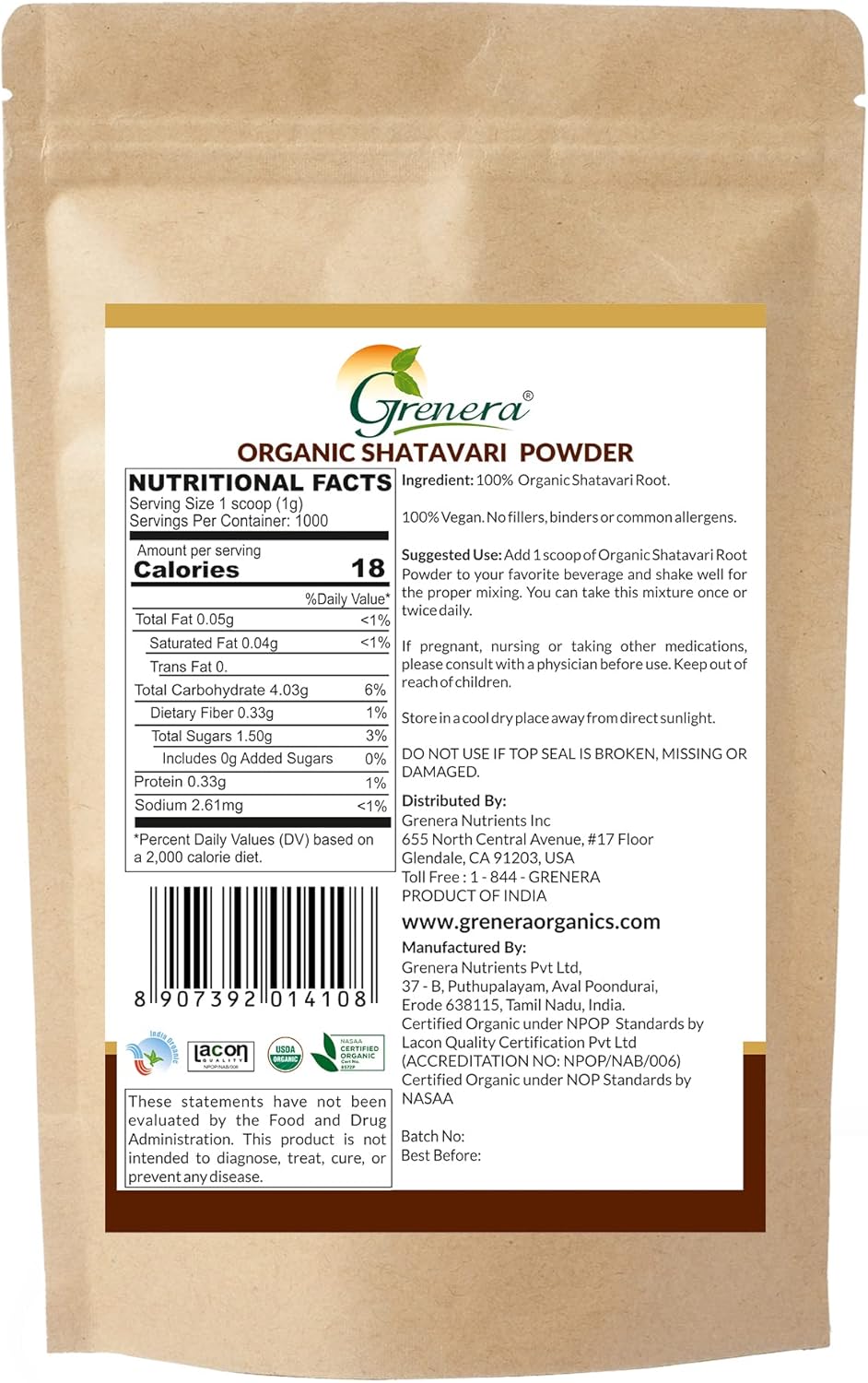 Organic Shatavari Powder 2.2 lbs (1 kg) - USDA Certified Rejuvenate Herb from Grenera