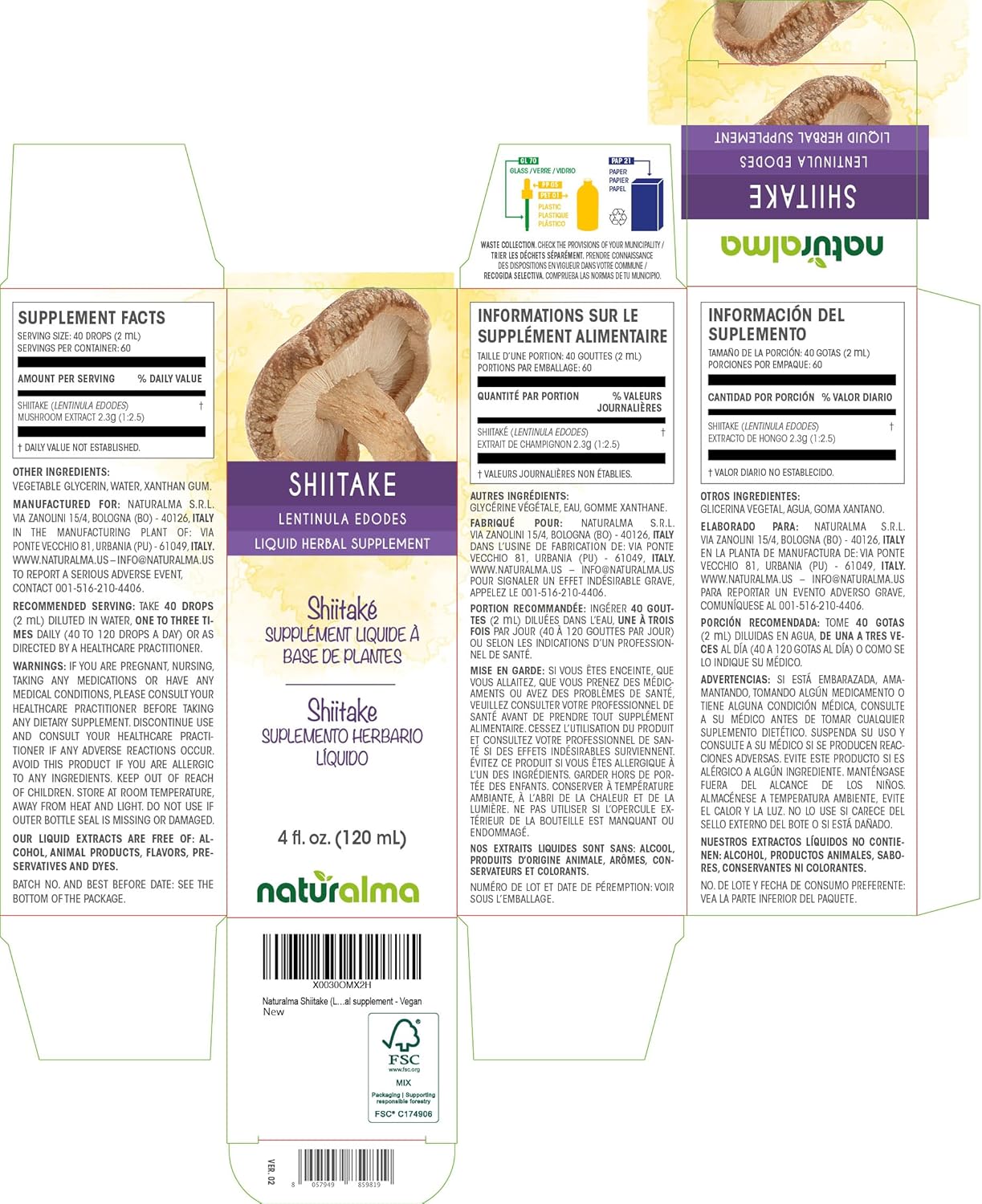 Organic Shiitake Mushroom Alcohol-Free Tincture 4 fl oz Liquid Extract | Vegan Herbal Supplement from Italy