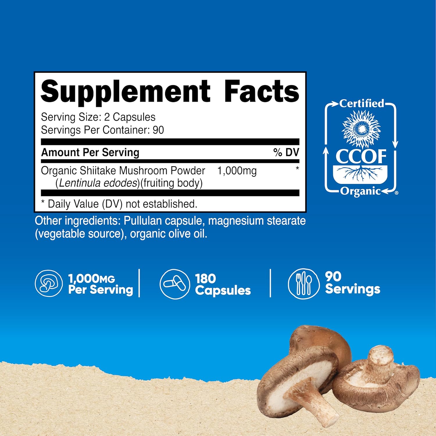 Organic Shiitake Mushroom Capsules 1000mg - 180 Capsules, 90 Servings, Vegetarian, Gluten Free, CCOF Certified Made with Organic