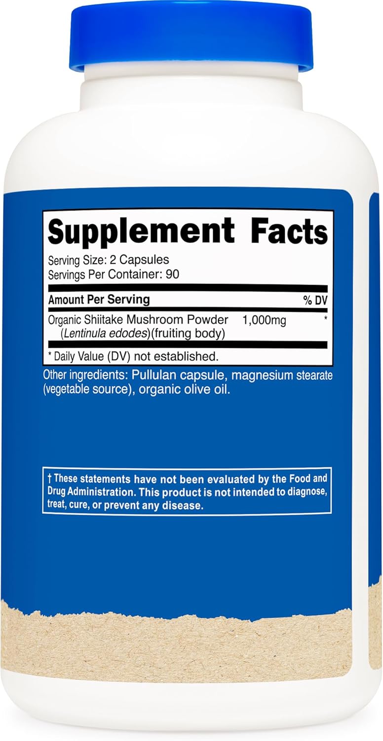 Organic Shiitake Mushroom Capsules 1000mg - 180 Capsules, 90 Servings, Vegetarian, Gluten Free, CCOF Certified Made with Organic