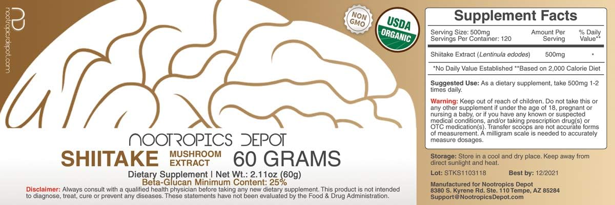 Organic Shiitake Mushroom Powder - 60g - Whole Fruiting Body Extract - Lentinula edodes - Immune Support