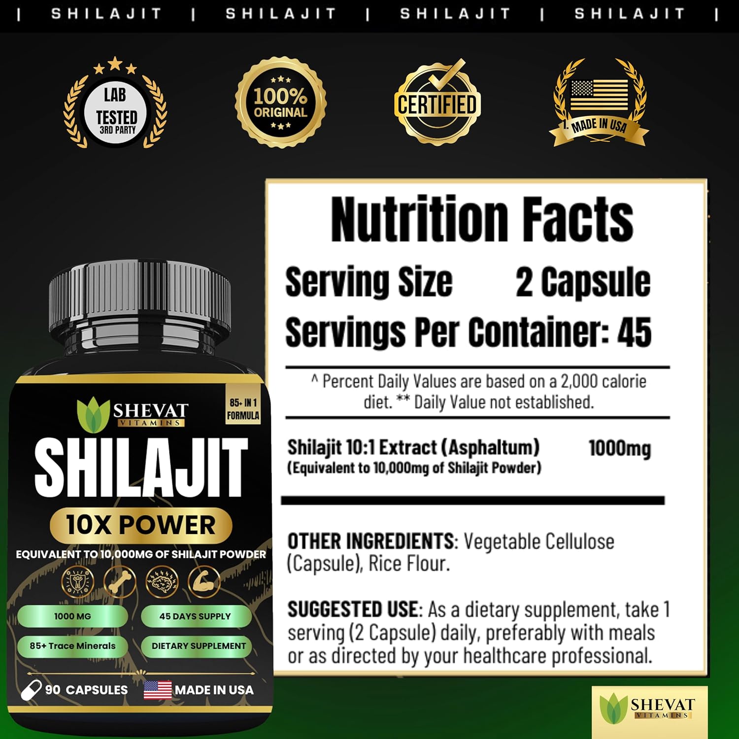 Organic Shilajit Capsules 22000mg with 85+ Trace Minerals for Energy & Immune Support - Non-GMO Shilajit Pills for Men & Women - Made in USA