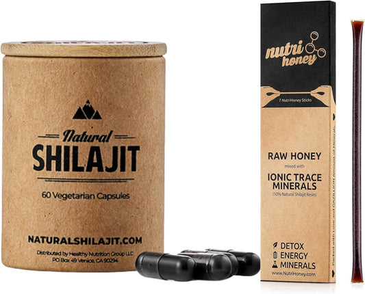 Organic Shilajit Capsules & Honey Sticks Combo - Pure Shilajit Resin with Raw Honey - 60 Capsules & 7 Sticks