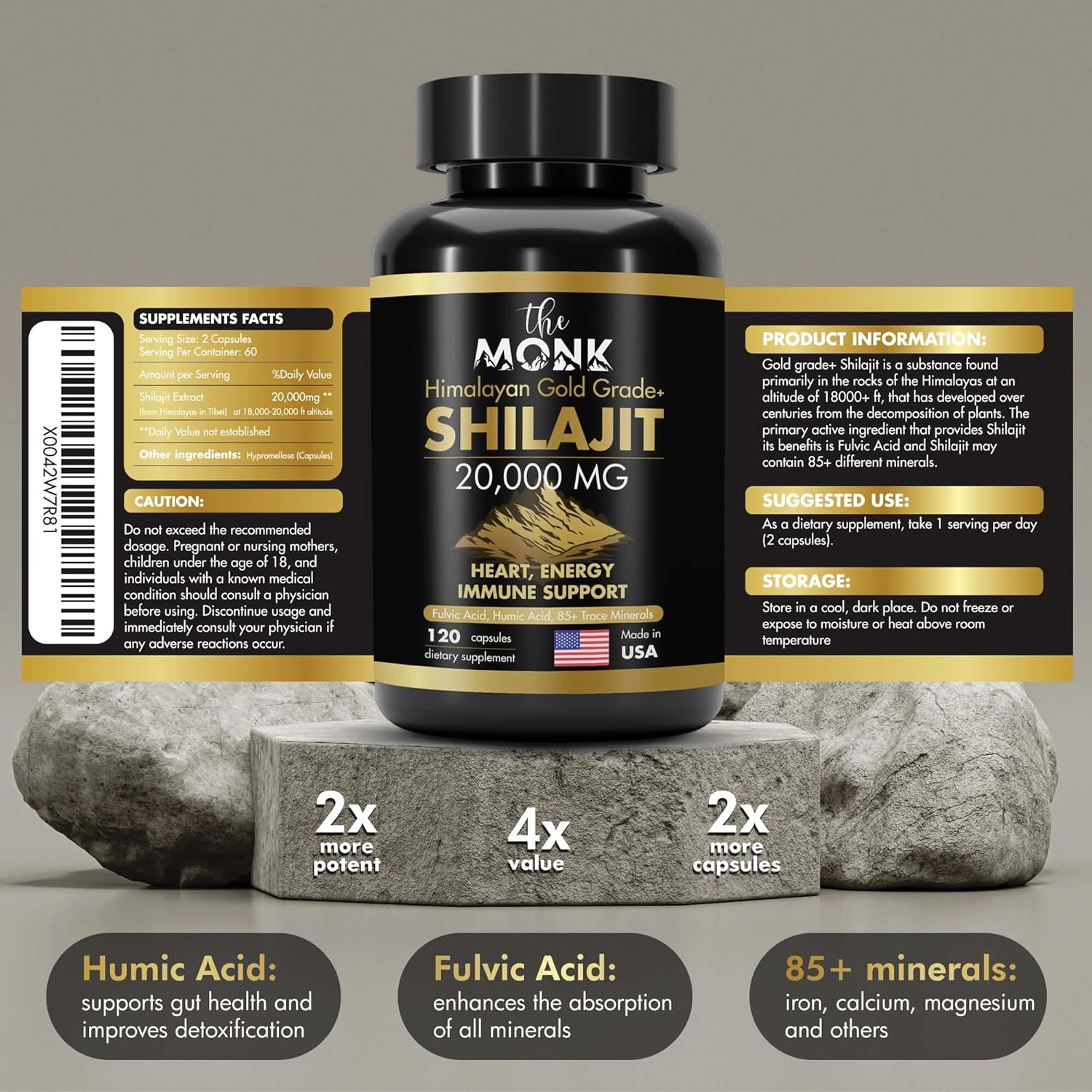Organic Shilajit Capsules with Fulvic Acid & 85+ Minerals - Gold Grade Plus - Energy, Stamina, Brain Support - 20,000mg - Made in USA