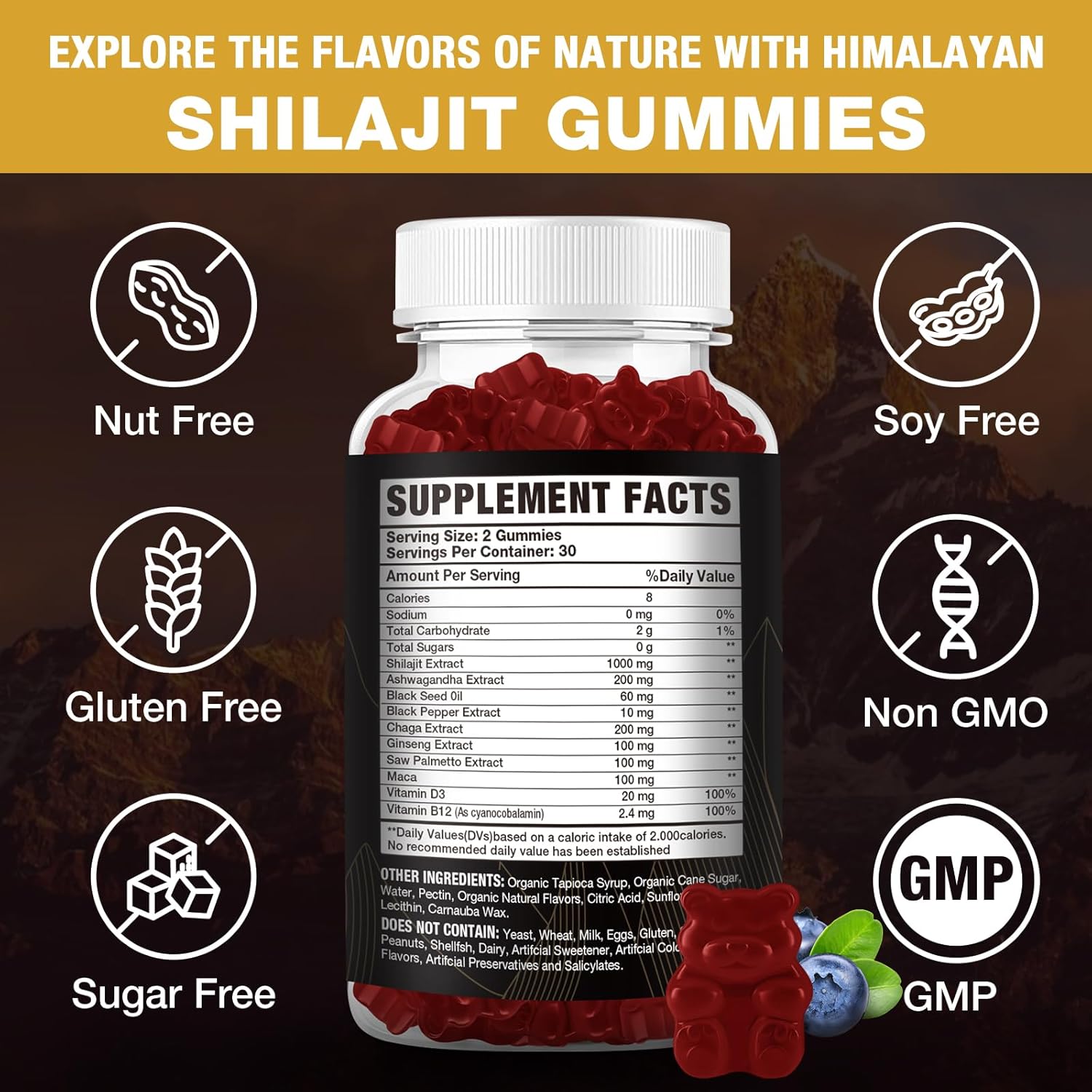 Organic Shilajit Gummies 1000mg with 85+ Trace Minerals, Fulvic Acid - Himalayan Shilajit Resin for Energy, Brain, Immunity - Men & Women - 60 Count