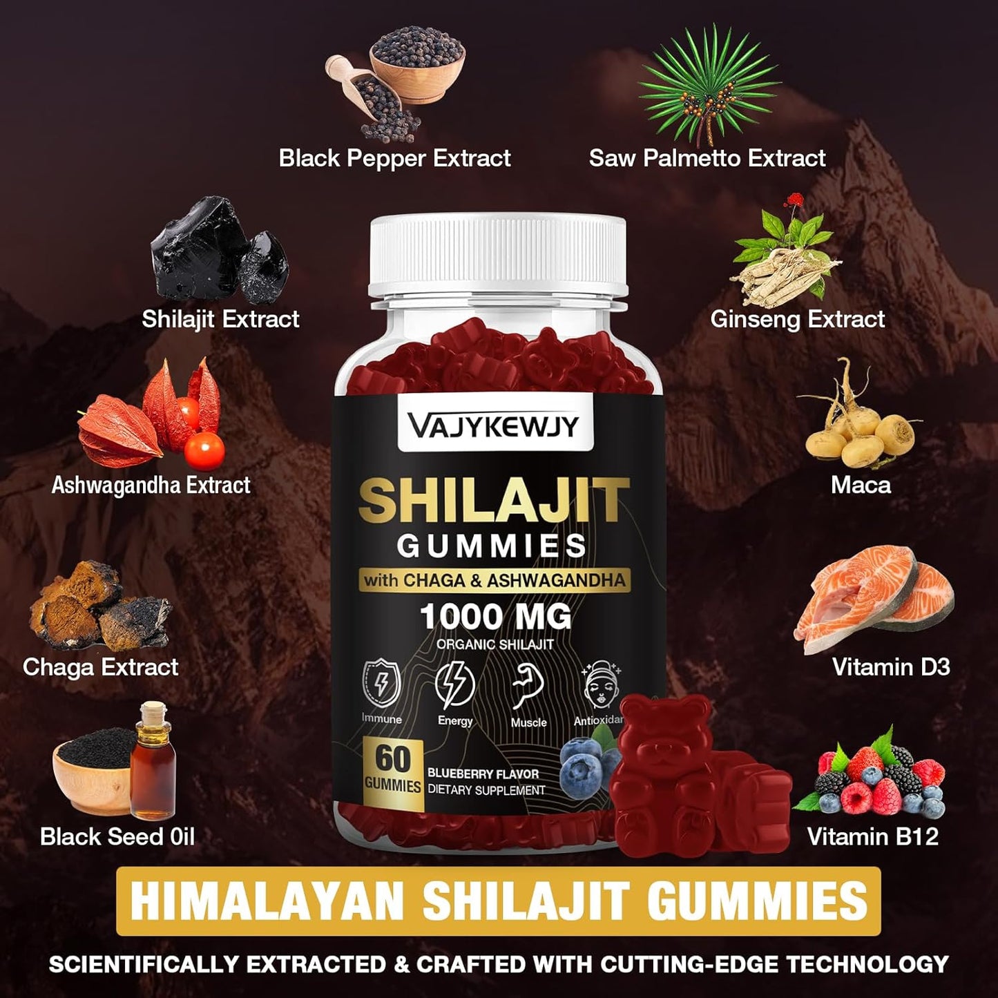 Organic Shilajit Gummies 1000mg with 85+ Trace Minerals, Fulvic Acid - Himalayan Shilajit Resin for Energy, Brain, Immunity - Men & Women - 60 Count