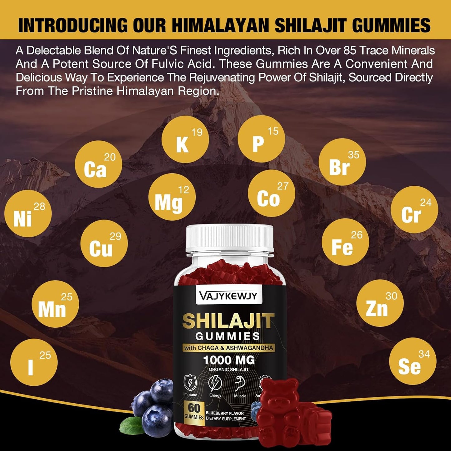 Organic Shilajit Gummies 1000mg with 85+ Trace Minerals, Fulvic Acid - Himalayan Shilajit Resin for Energy, Brain, Immunity - Men & Women - 60 Count