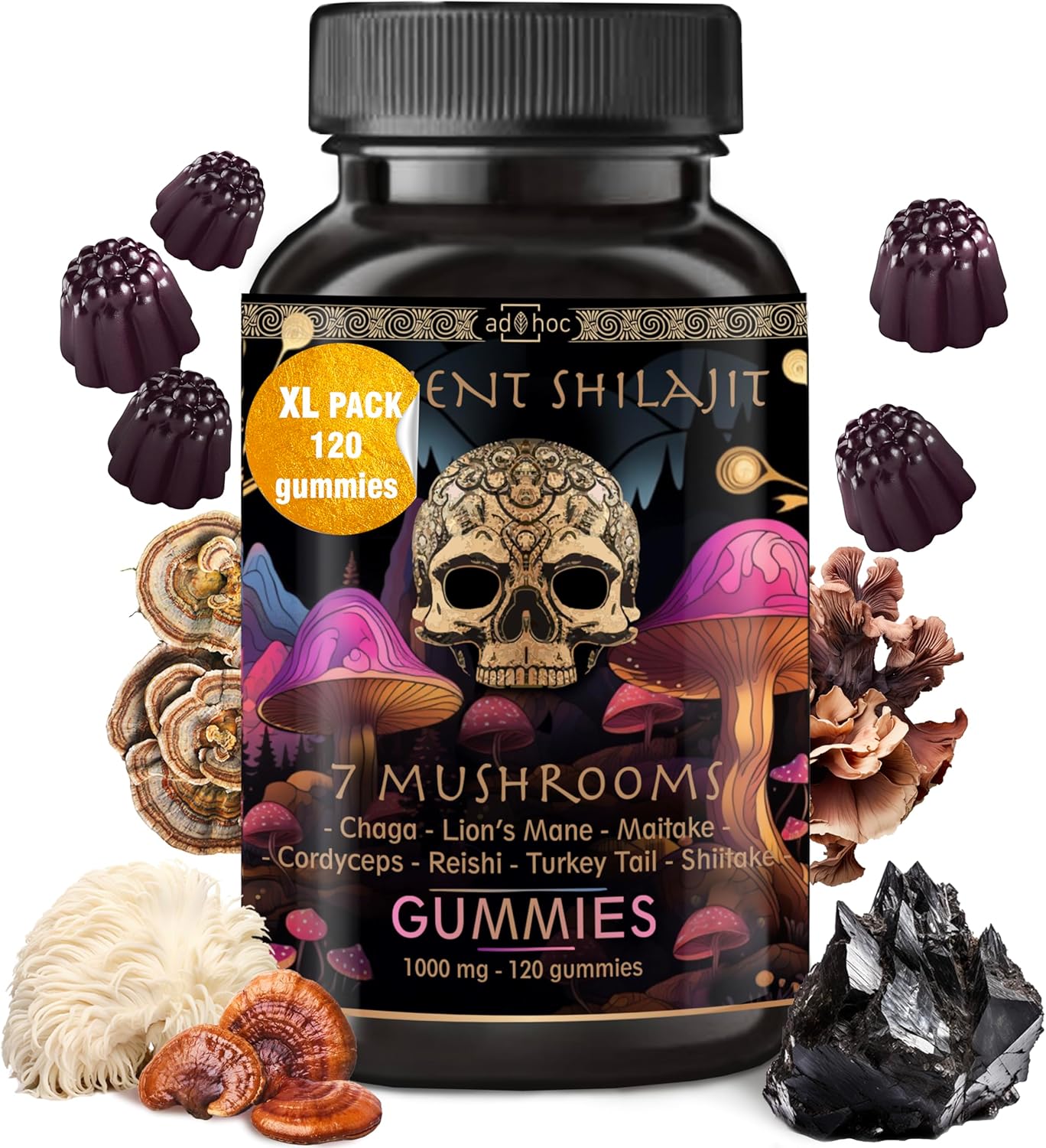 Organic Shilajit Gummies for Immune and Energy Support with Mushrooms - 120 Ct