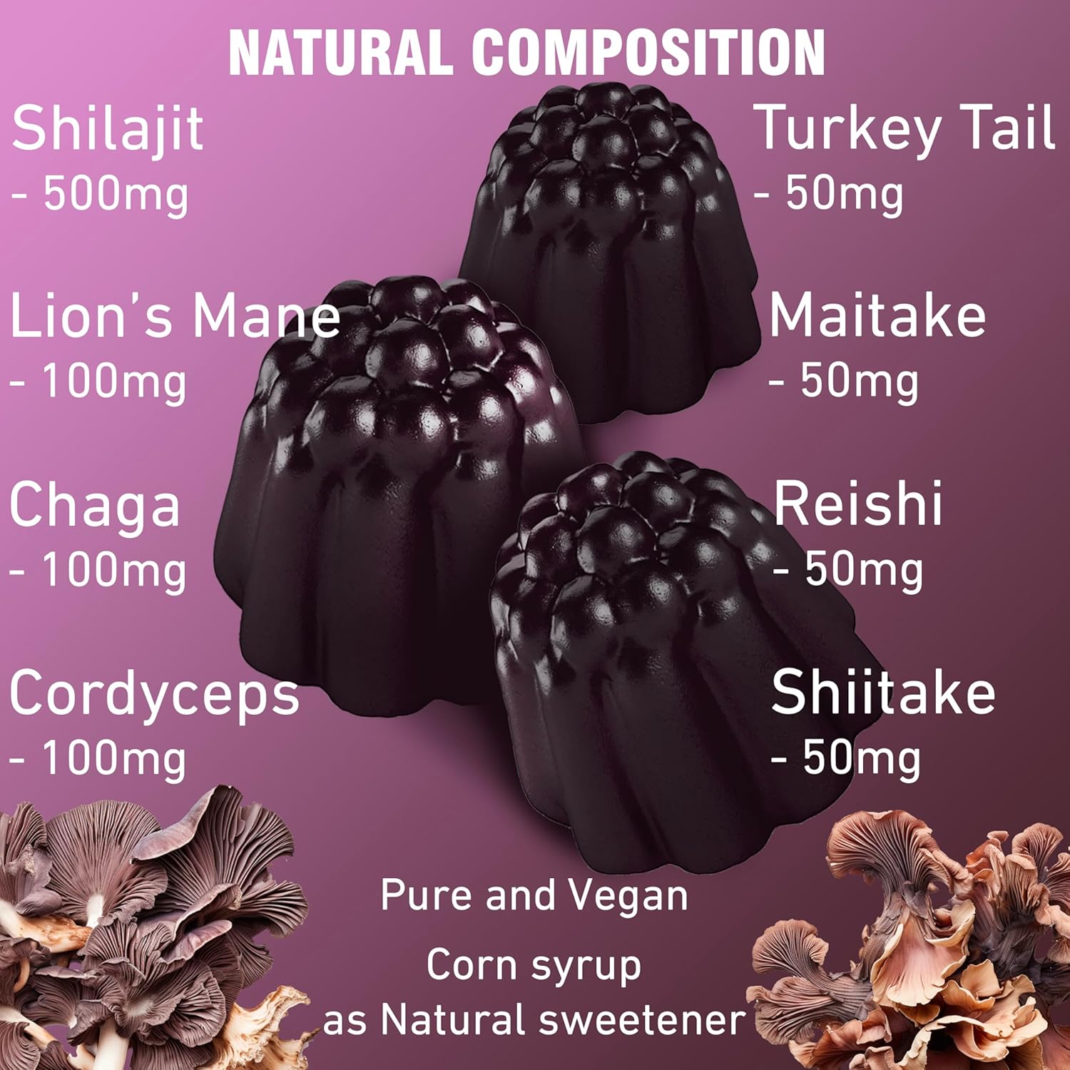 Organic Shilajit Gummies for Immune and Energy Support with Mushrooms - 120 Ct