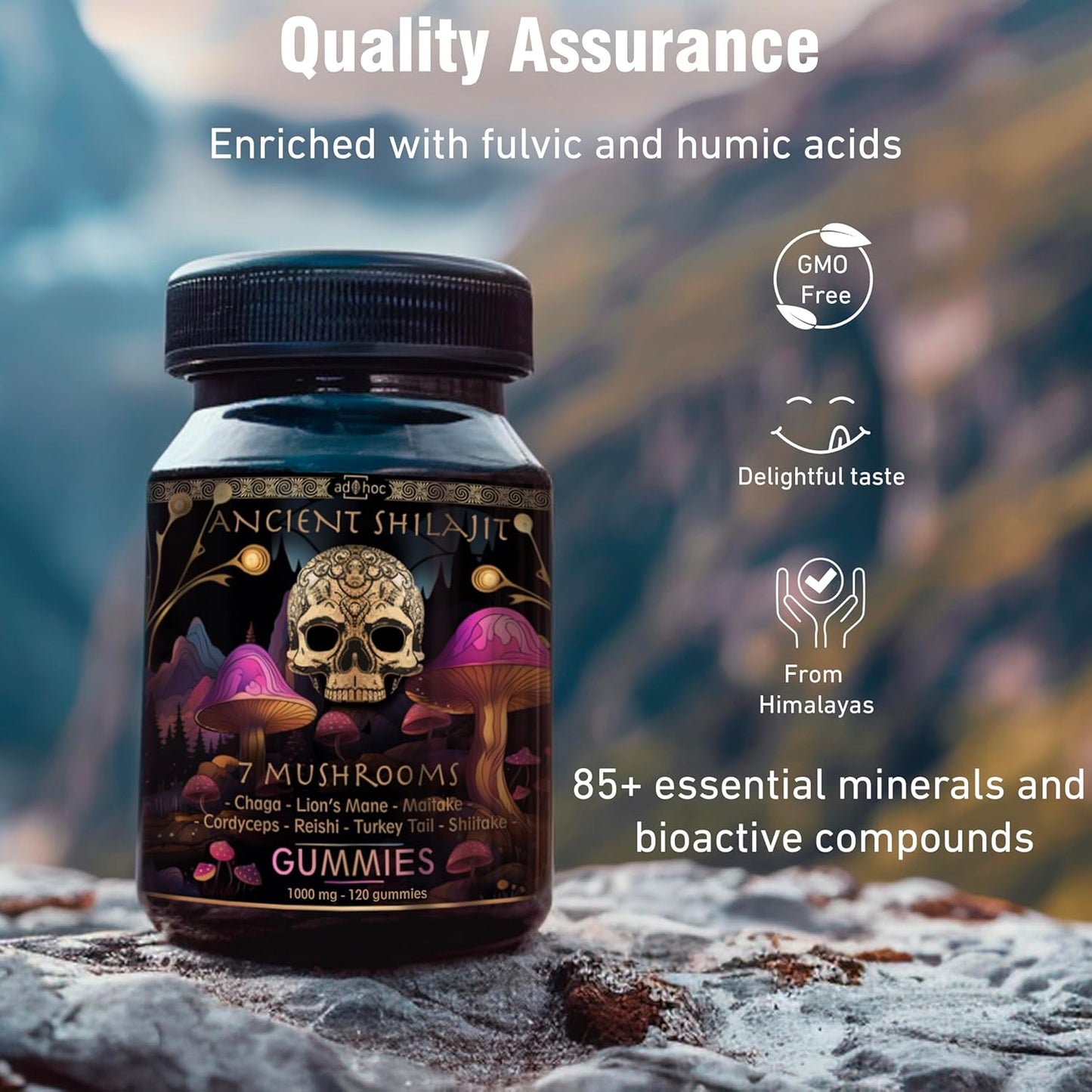 Organic Shilajit Gummies for Immune and Energy Support with Mushrooms - 120 Ct
