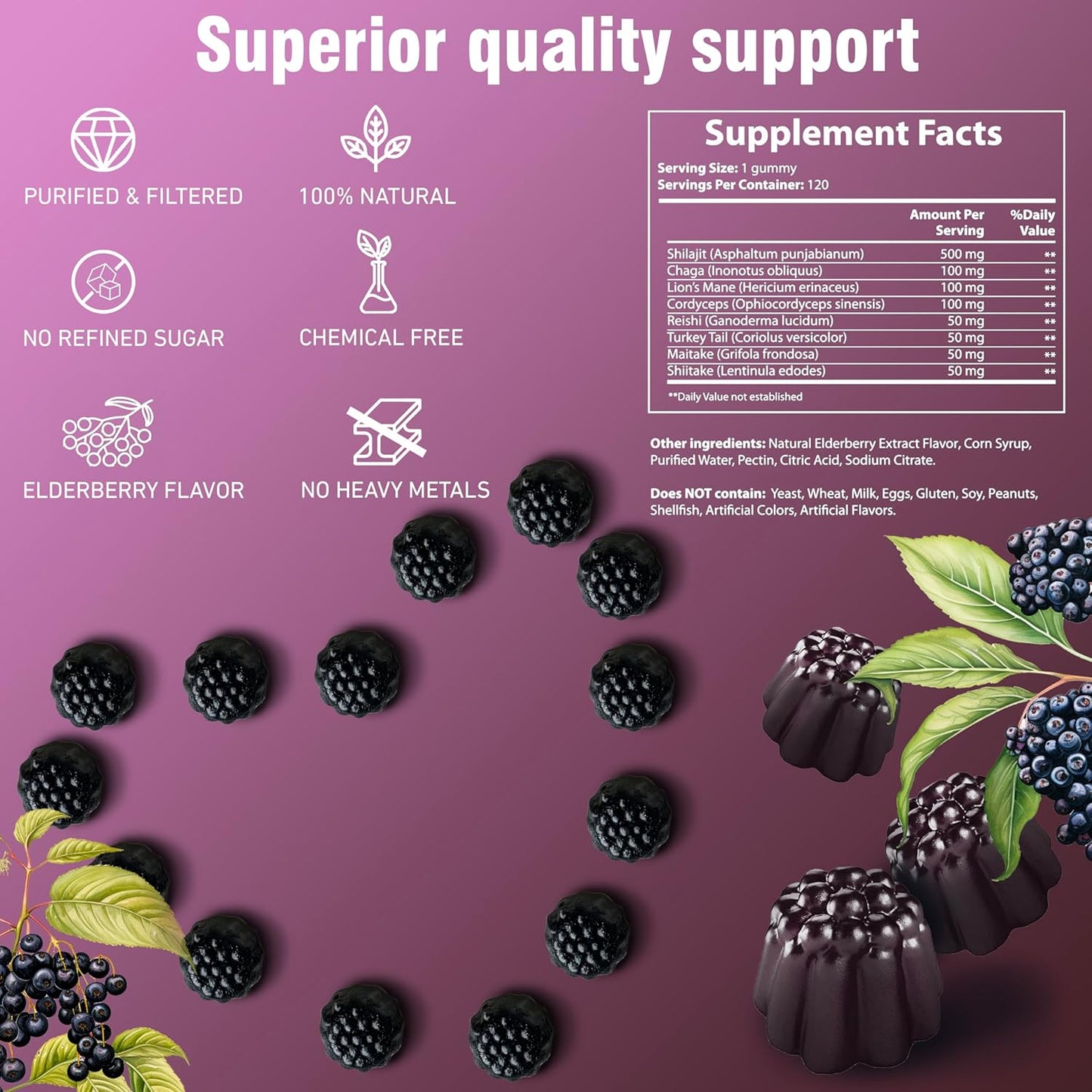 Organic Shilajit Gummies for Immune and Energy Support with Mushrooms - 120 Ct