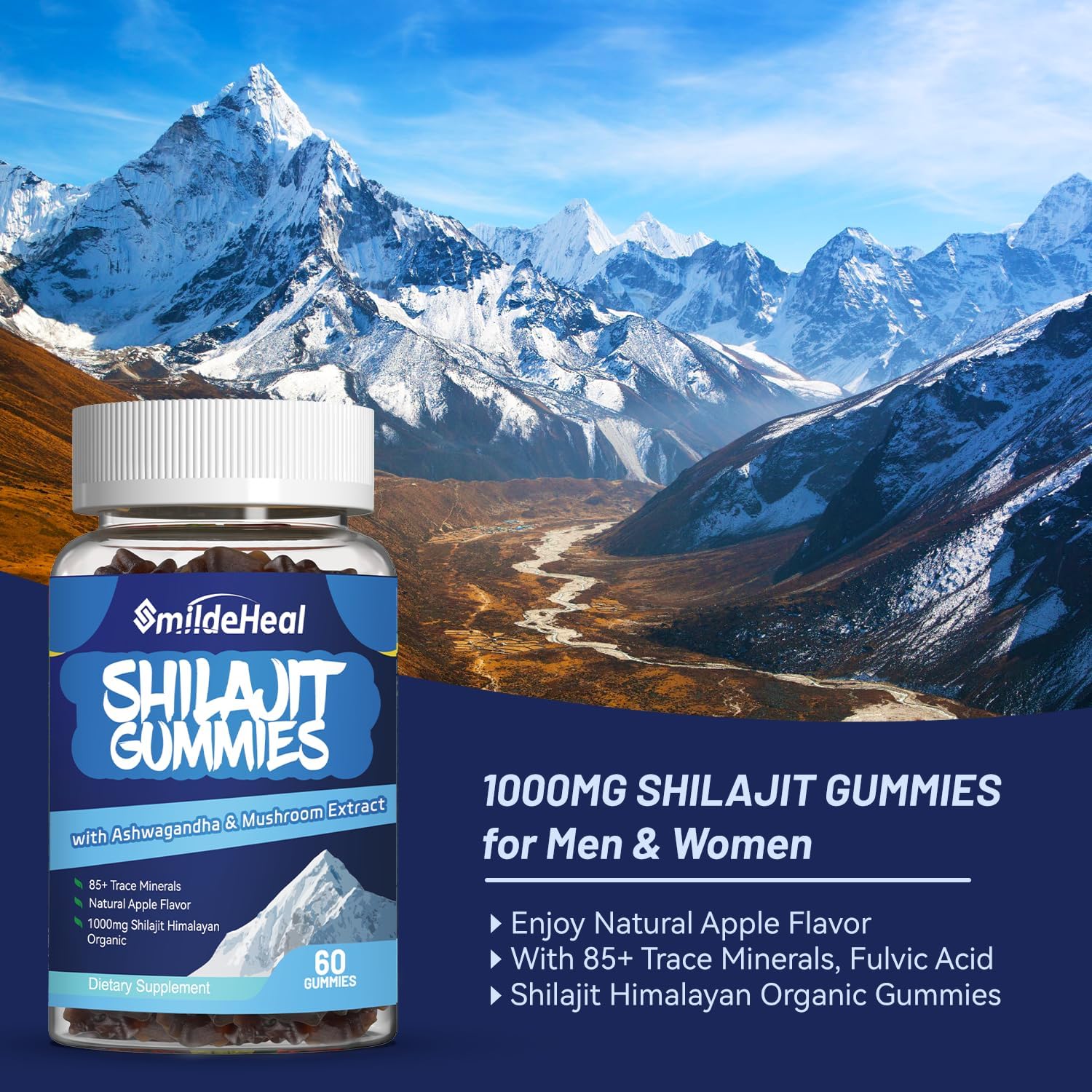 Organic Shilajit Gummies with Ashwagandha and Mushroom for Energy, Brain, and Immunity Support - 1000 MG, 85+ Trace Minerals - 120 Count for Men & Women