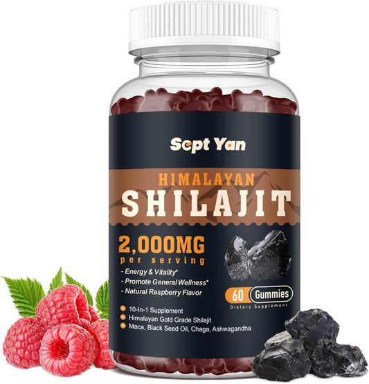 Organic Shilajit Gummies with Ashwagandha & Maca for Energy & Immunity - 2000mg Himalayan Shilajit Resin with 85+ Trace Minerals - Sugar Free Raspberry Flavor - 60ct
