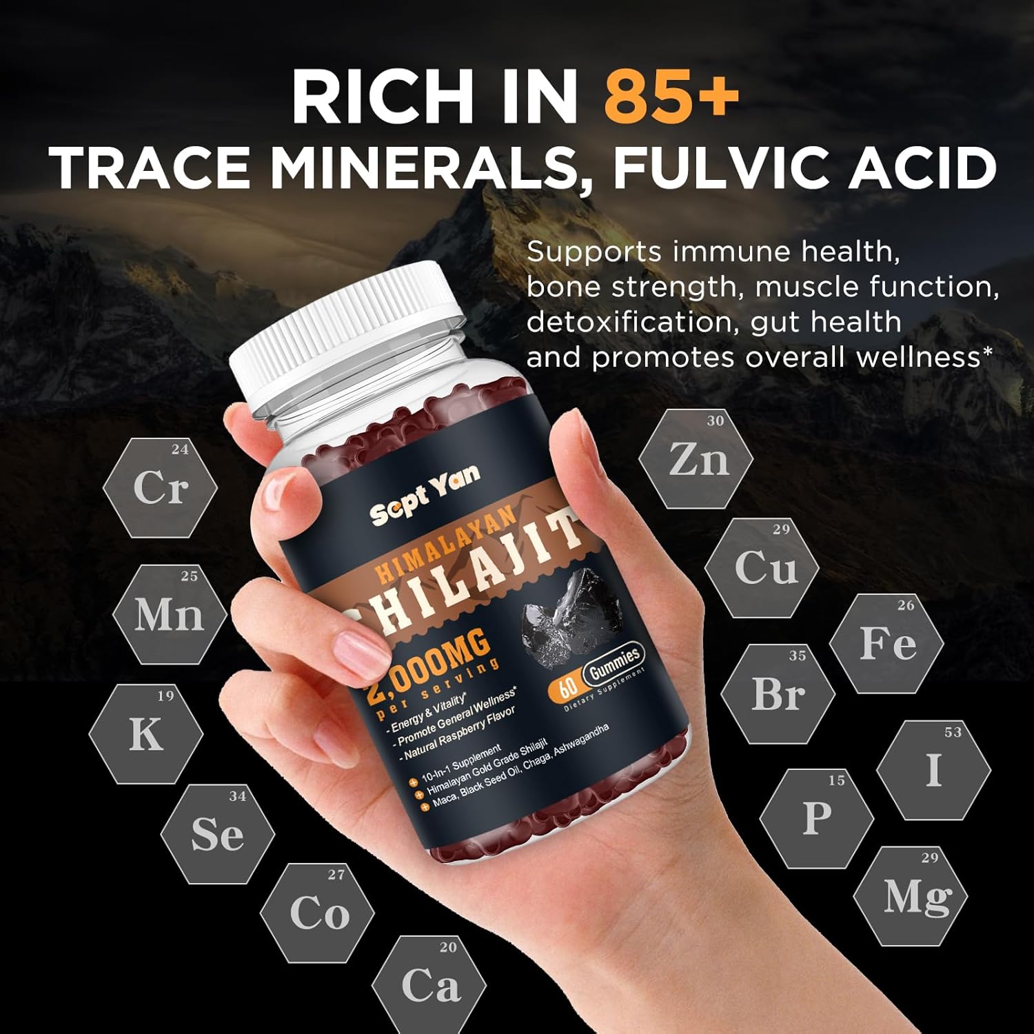 Organic Shilajit Gummies with Ashwagandha & Maca for Energy & Immunity - 2000mg Himalayan Shilajit Resin with 85+ Trace Minerals - Sugar Free Raspberry Flavor - 60ct