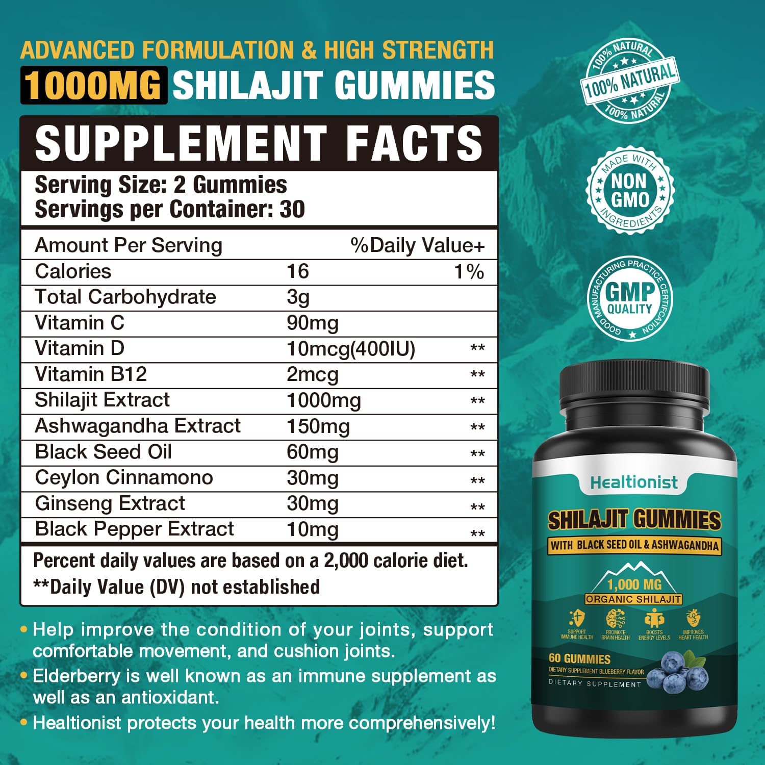 Organic Shilajit Gummy Supplement 1000 MG - 2 Pack, 85+ Trace Minerals, Fulvic Acid, Himalayan Gummies for Energy, Brain, Immunity - 120 Count