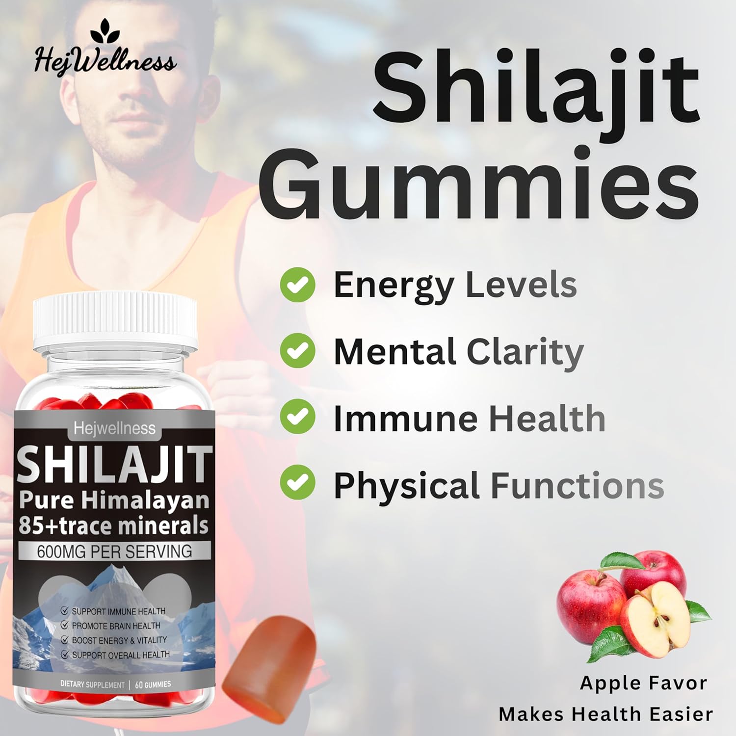 Organic Shilajit Gummy Supplement with 85+ Trace Minerals & Ashwagandha - Energy Boost for Men & Women - 60 Gummies - Apple Flavor