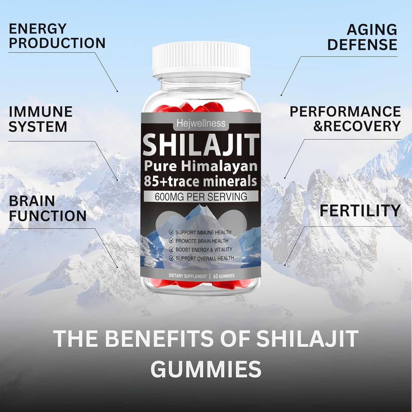 Organic Shilajit Gummy Supplement with 85+ Trace Minerals & Ashwagandha - Energy Boost for Men & Women - 60 Gummies - Apple Flavor