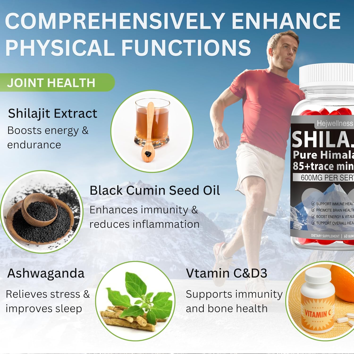 Organic Shilajit Gummy Supplement with 85+ Trace Minerals & Ashwagandha - Energy Boost for Men & Women - 60 Gummies - Apple Flavor