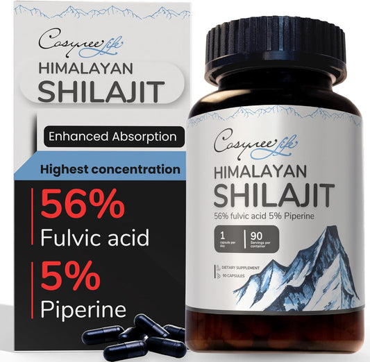 Organic Shilajit Himalayan Capsules with 56% Fulvic Acid & 5% Piperine | Energy Boost | 90 Capsules | Natural Source