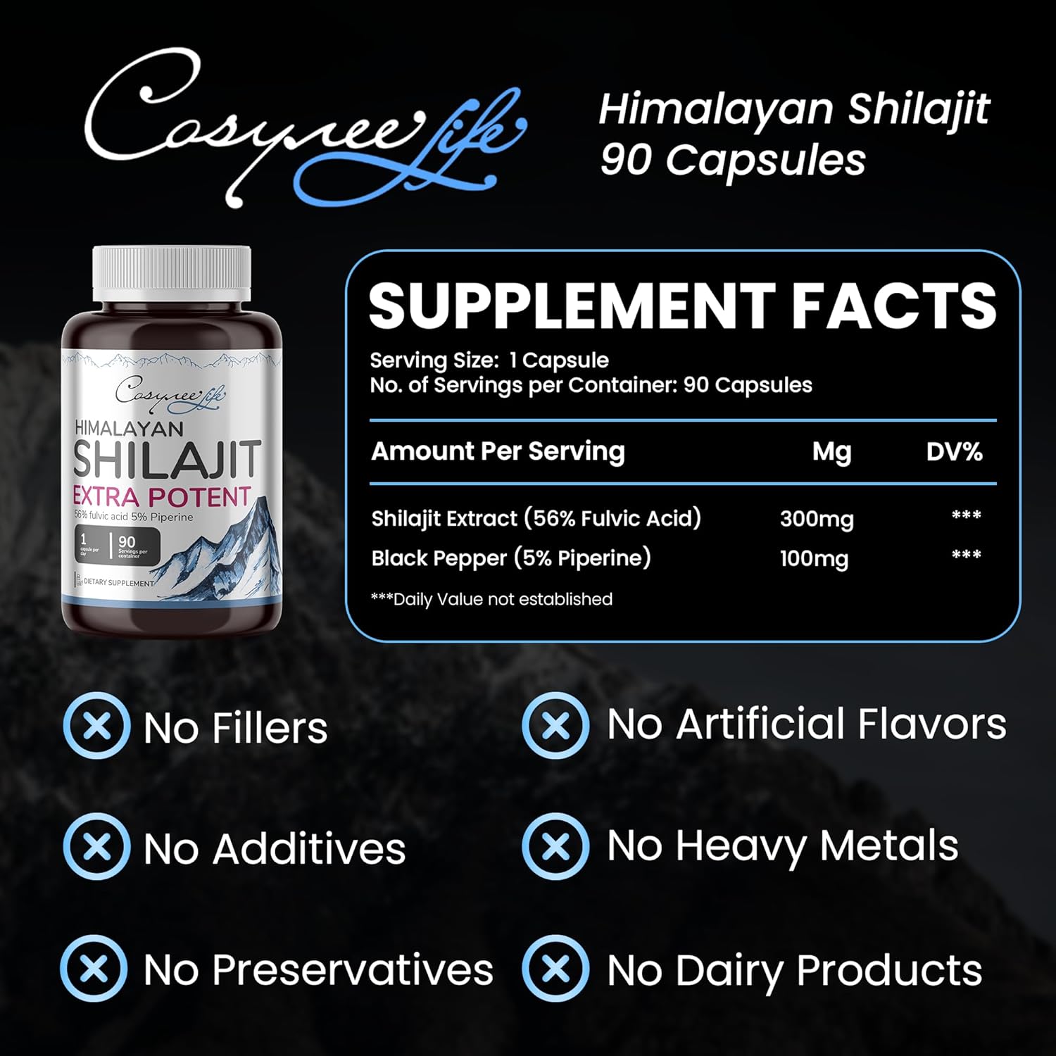 Organic Shilajit Himalayan Capsules with 56% Fulvic Acid & 5% Piperine | Energy Boost | 90 Capsules | Natural Source