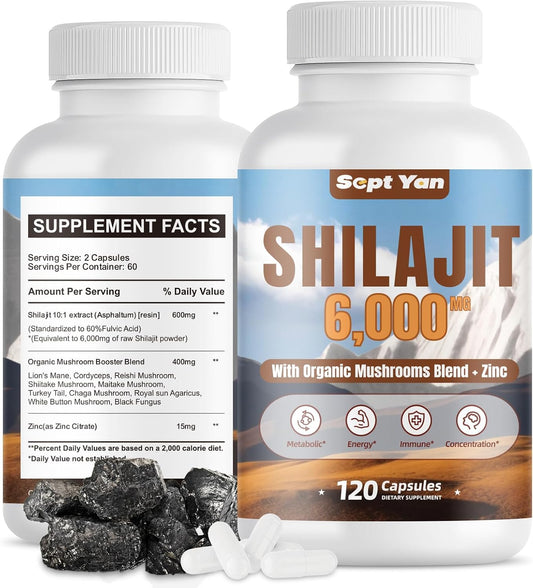 Organic Shilajit Himalayan Capsules with Mushrooms & Zinc - 2 Month Supply for Strength & Immune Health - 120 Count Vegan Supplement for Women & Men