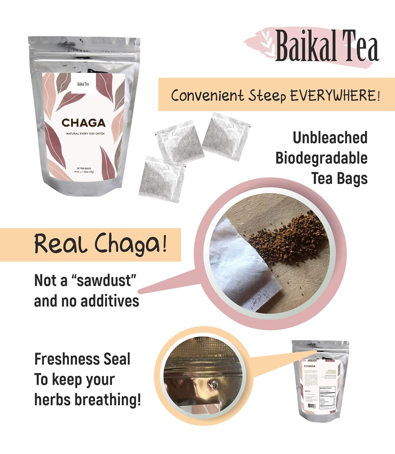 Organic Siberian Birch Chaga Mushroom Tea Bags - 30 Count - Natural Detox & Digestive Support - Wildcrafted by Baikal Tea - No Additives