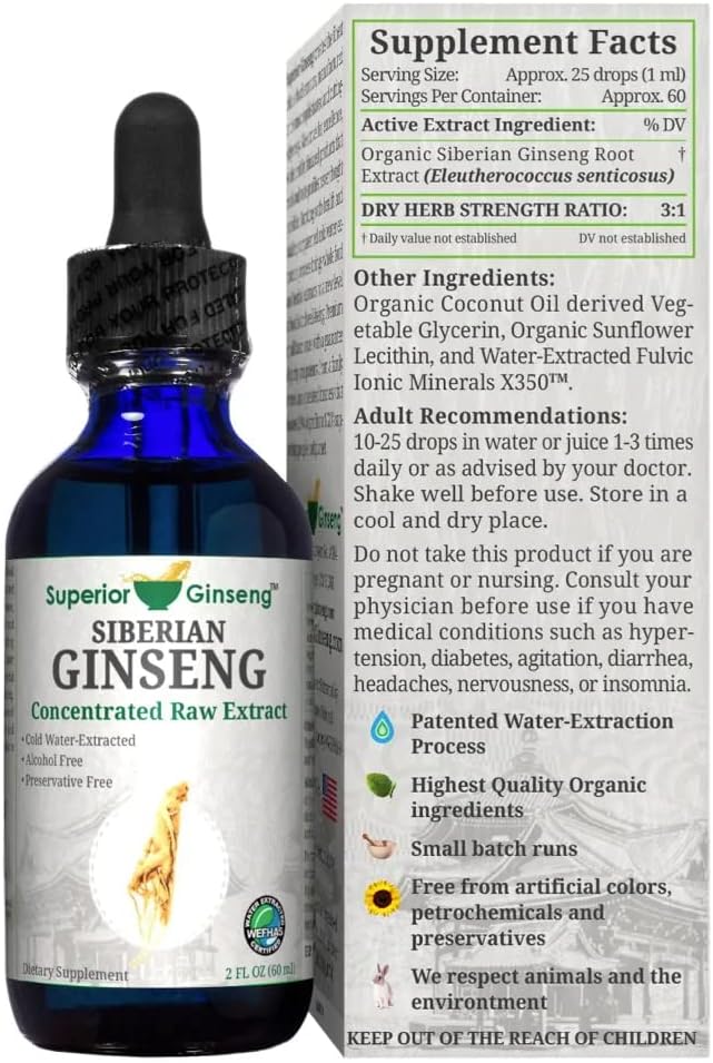 Organic Siberian Ginseng Root Extract - Alcohol-Free 2oz - Adaptogen for Stress & Immune Support - Cold Fulvic Mineral Water Extracted - BoostGo Australia