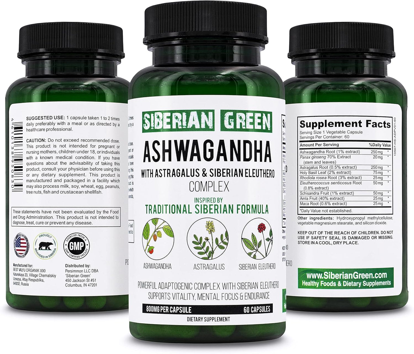 Organic Siberian Green Ashwagandha Root Capsules with Astragalus & Eleuthero Ginseng - Herbal Support Supplement