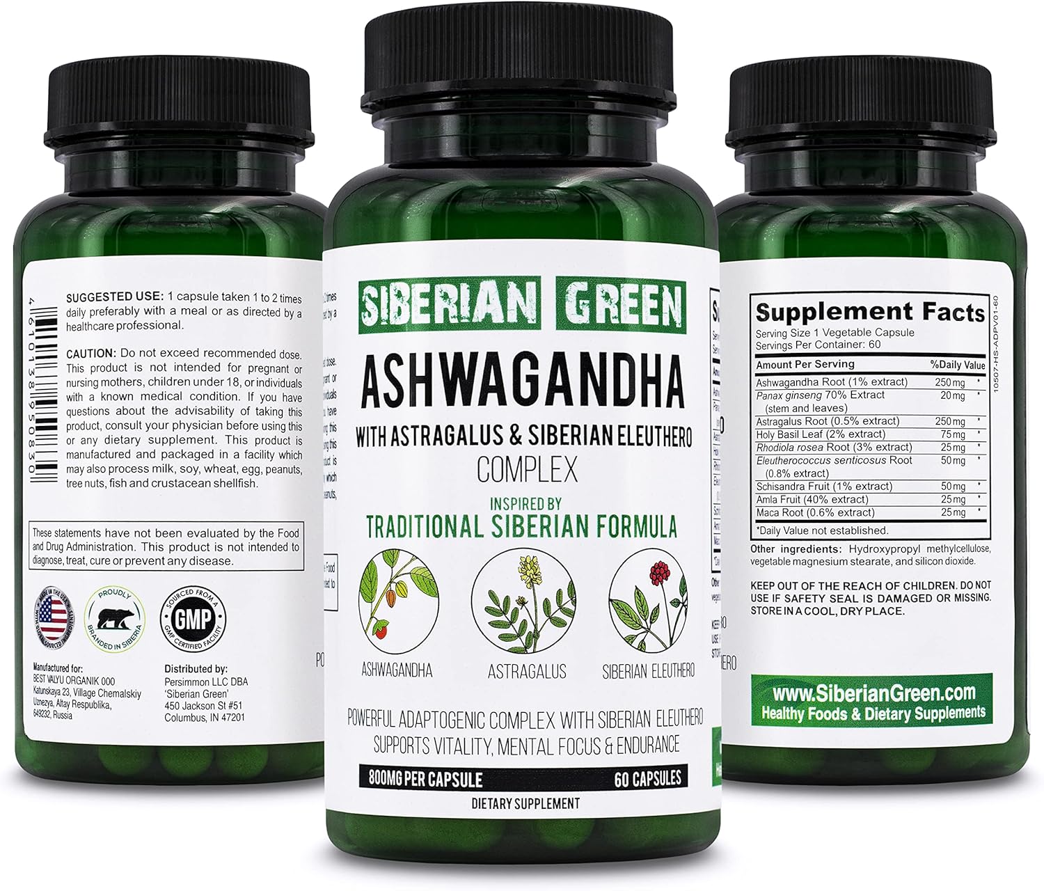 Organic Siberian Green Ashwagandha Root Capsules with Astragalus & Eleuthero Ginseng - Herbal Support Supplement