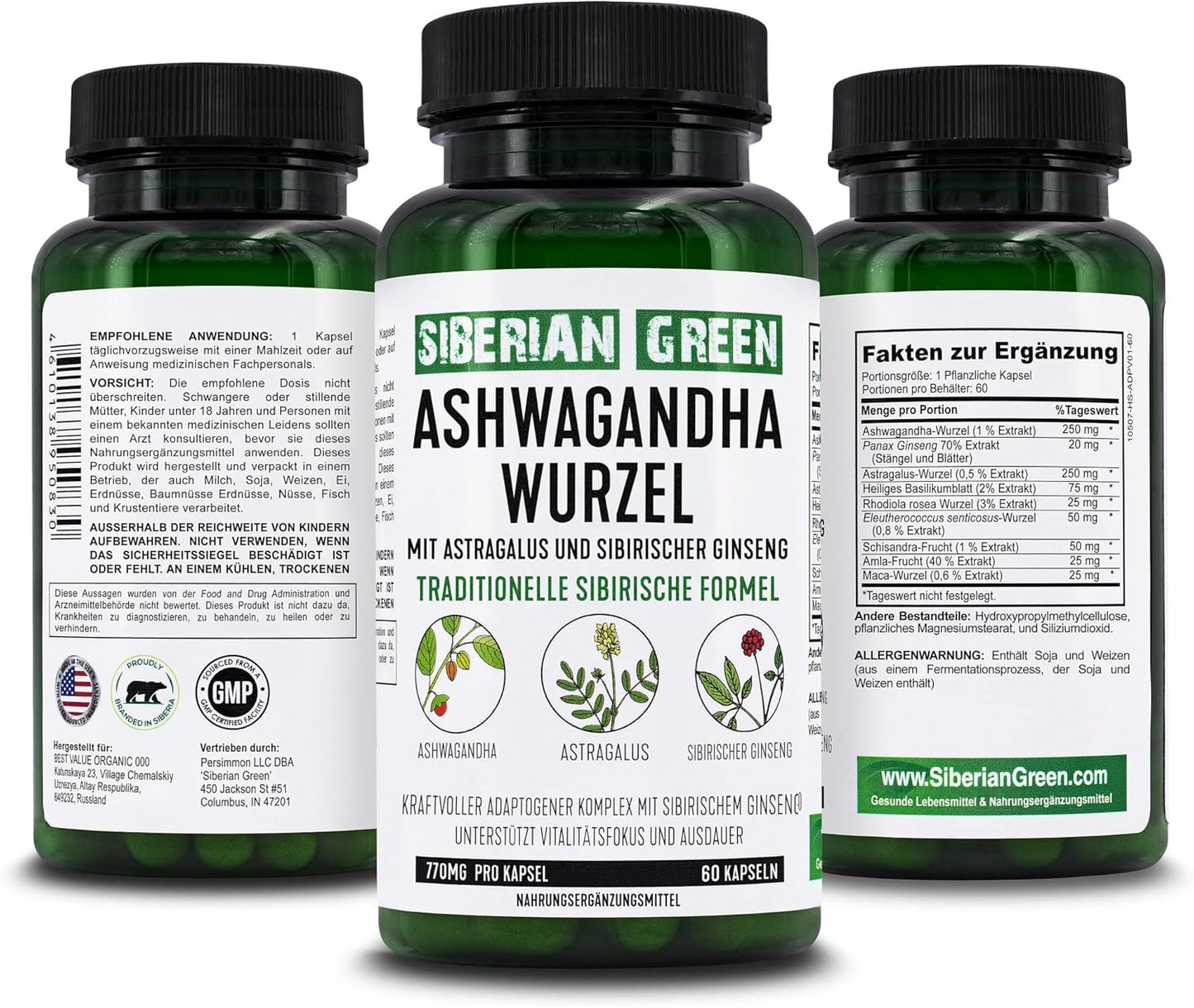 Organic Siberian Green Ashwagandha Root Capsules with Astragalus & Eleuthero Ginseng - Herbal Support Supplement