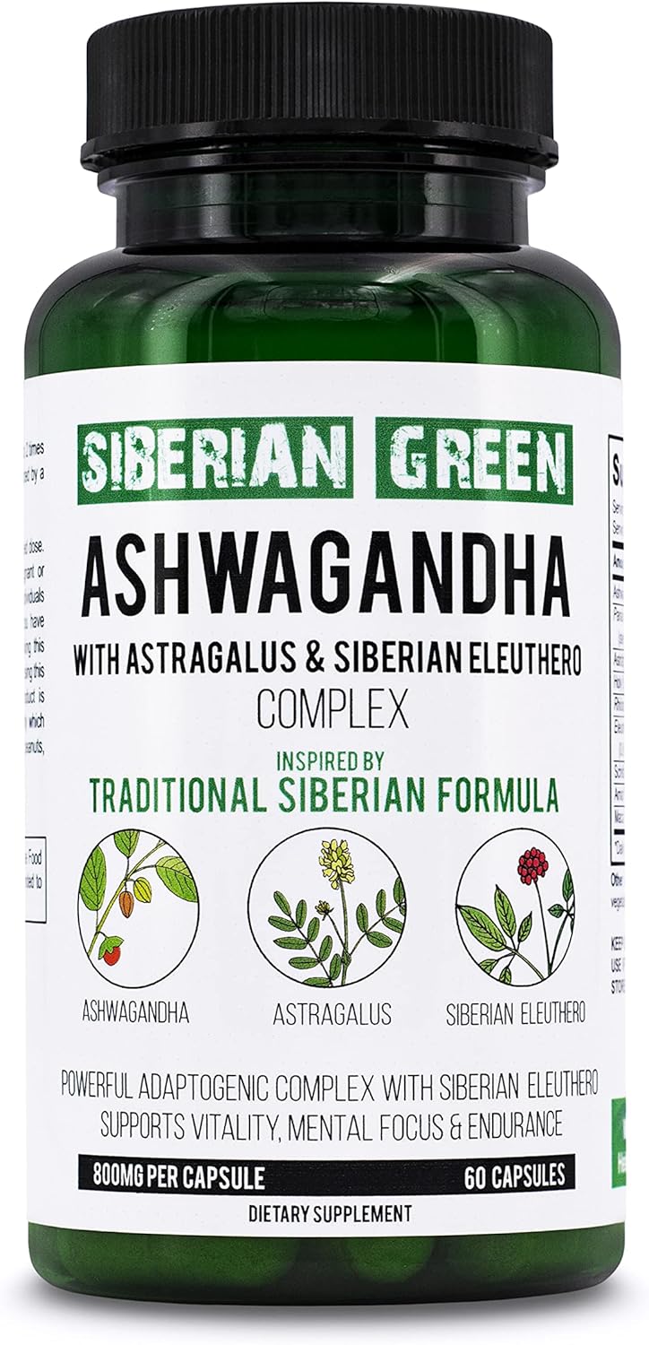Organic Siberian Green Ashwagandha Root Capsules with Astragalus & Eleuthero Ginseng - Herbal Support Supplement