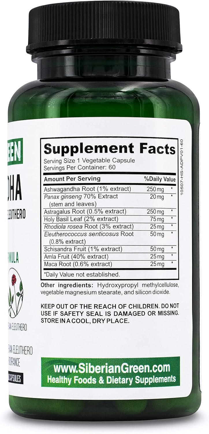 Organic Siberian Green Ashwagandha Root Capsules with Astragalus & Eleuthero Ginseng - Herbal Support Supplement
