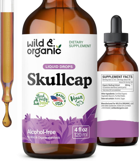 Organic Skullcap Herb Tincture for Mood Support - Relaxing Liquid Extract Drops - Vegan & Sugar-Free - 4 fl oz