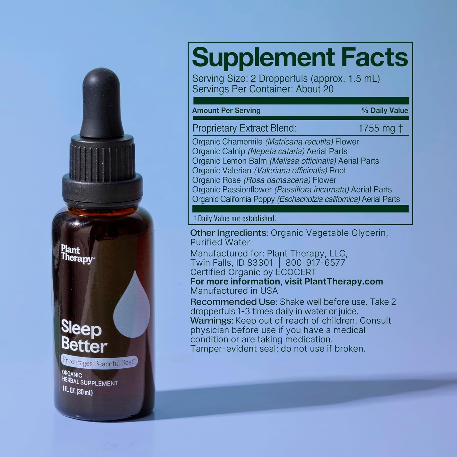 Organic Sleep Better Tincture 30 mL - Supports Relaxation & Sleep with Chamomile, Lemon Balm & Valerian Extracts - Plant Therapy