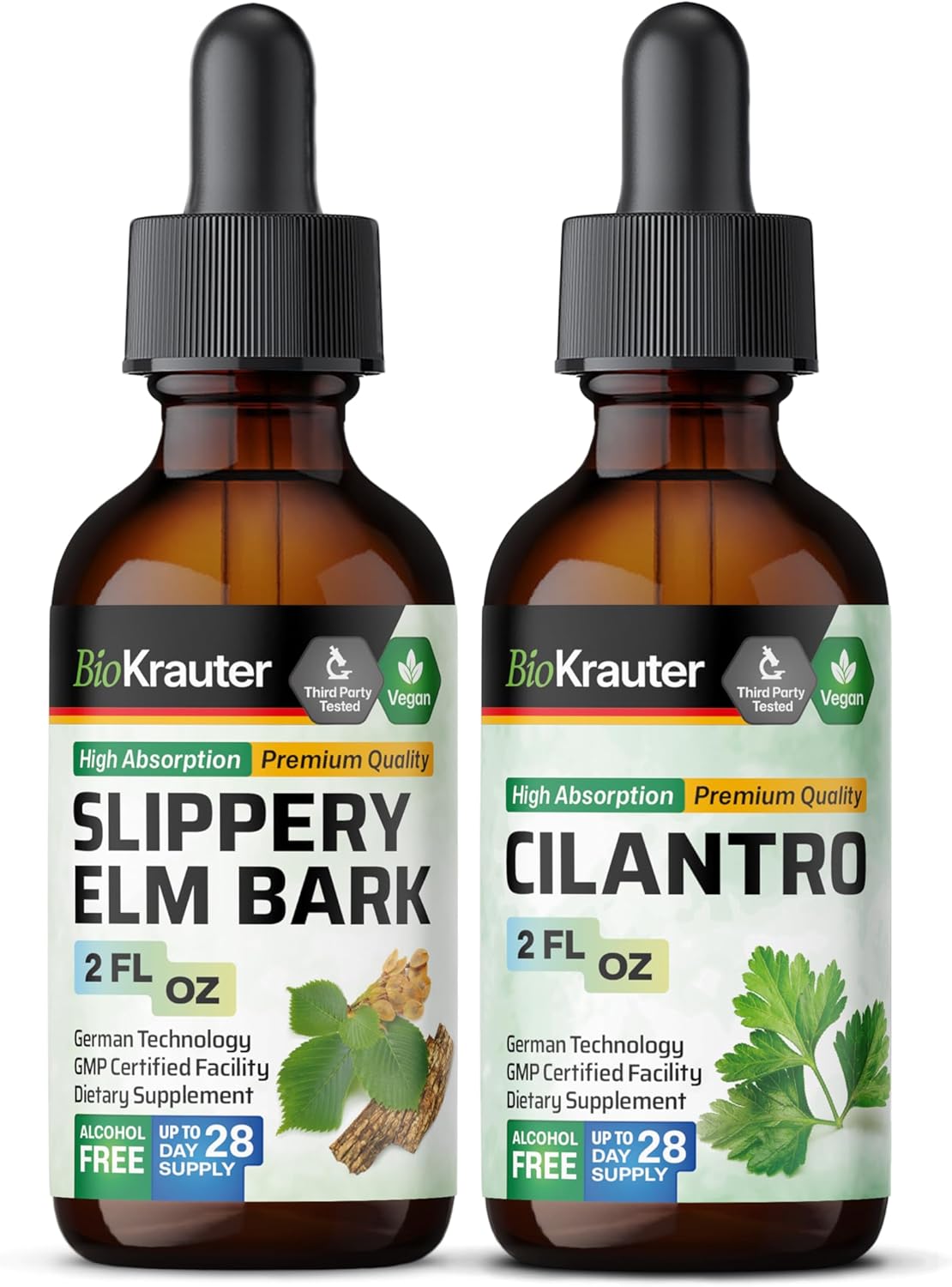 Organic Slippery Elm and Cilantro Tincture Set - 2 Fl. Oz. Each - Herbal Digestive Support