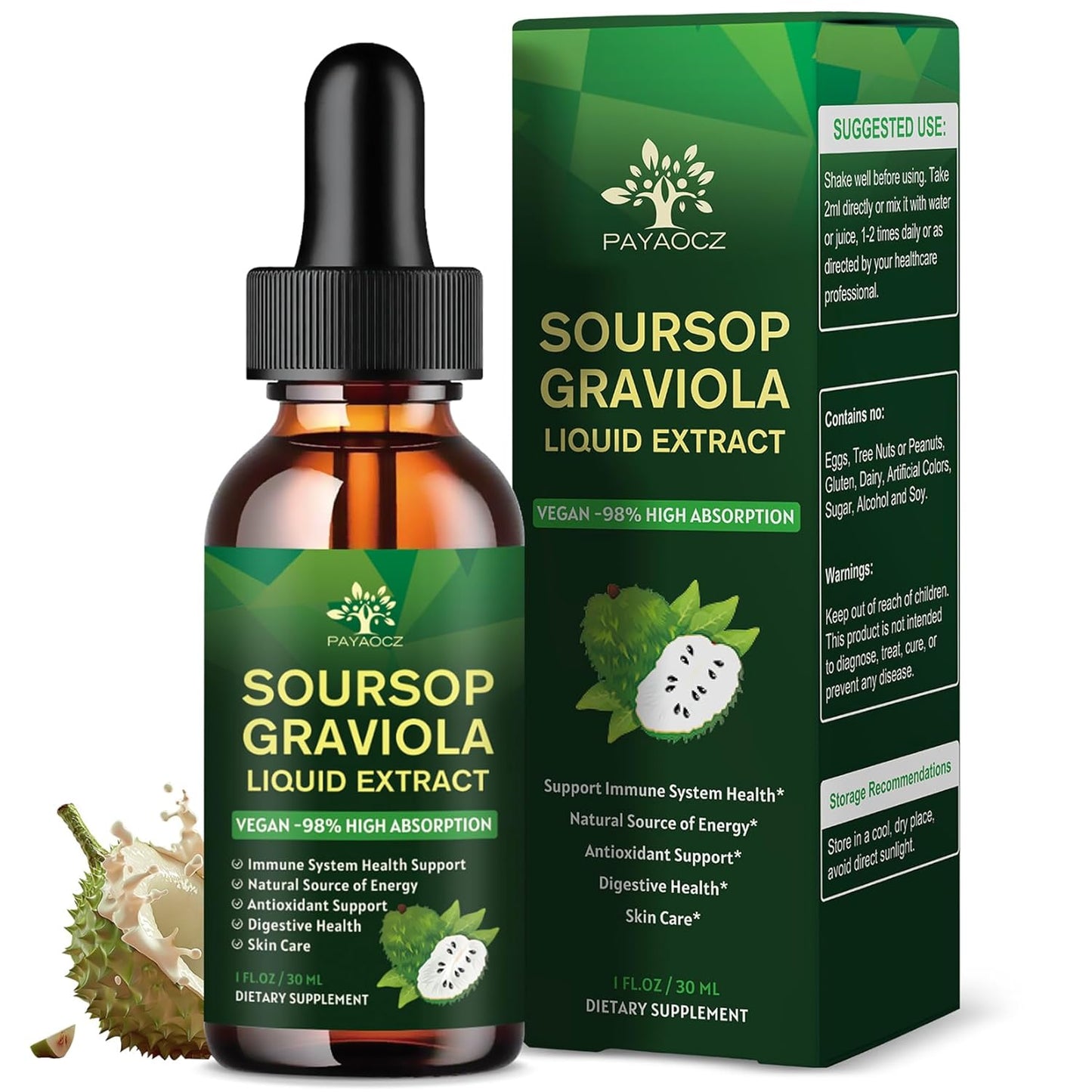 Organic Soursop Bitters Liquid Drops 4 Pack - Herbal Graviola Tincture for Immune Support & Cell Regeneration - Vegan Soursop Oil Supplements 1 Fl Oz