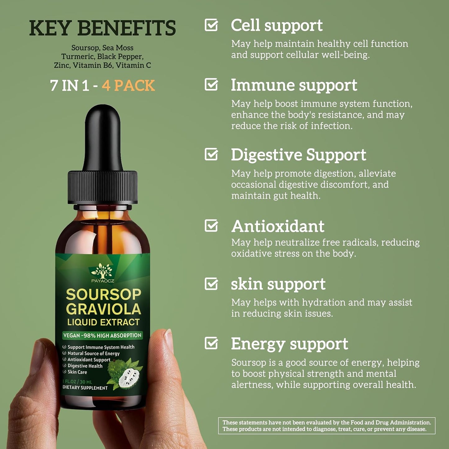 Organic Soursop Bitters Liquid Drops 4 Pack - Herbal Graviola Tincture for Immune Support & Cell Regeneration - Vegan Soursop Oil Supplements 1 Fl Oz