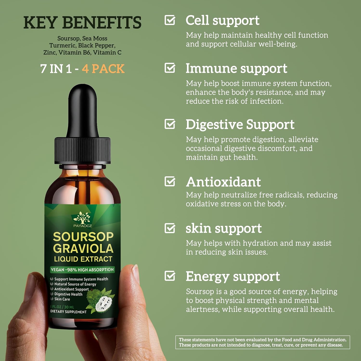 Organic Soursop Bitters Liquid Drops 4 Pack - Herbal Graviola Tincture for Immune Support & Cell Regeneration - Vegan Soursop Oil Supplements 1 Fl Oz