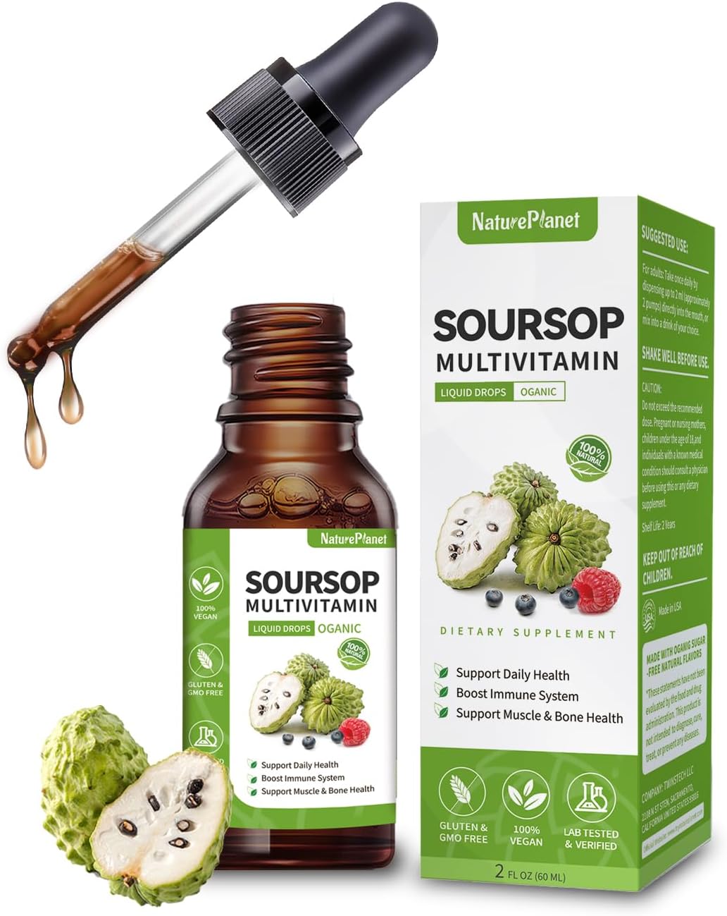 Organic Soursop Bitters Liquid Drops with Vitamin B6, C, D3 - Gut Detox, Bone Health, Immune Boost - 2 Fl Oz Vegan Multivitamin Supplement