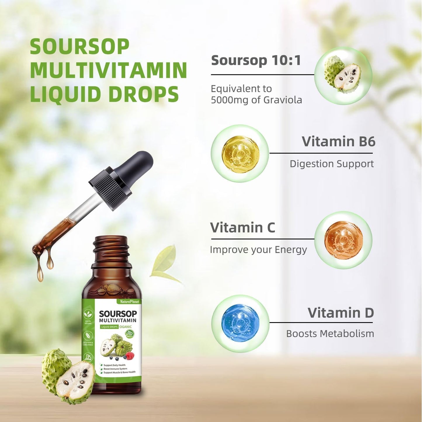 Organic Soursop Bitters Liquid Drops with Vitamin B6, C, D3 - Gut Detox, Bone Health, Immune Boost - 2 Fl Oz Vegan Multivitamin Supplement