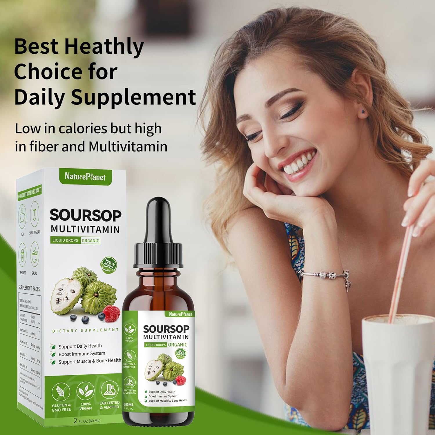 Organic Soursop Bitters Liquid Drops with Vitamin B6, C, D3 - Gut Detox, Bone Health, Immune Boost - 2 Fl Oz Vegan Multivitamin Supplement