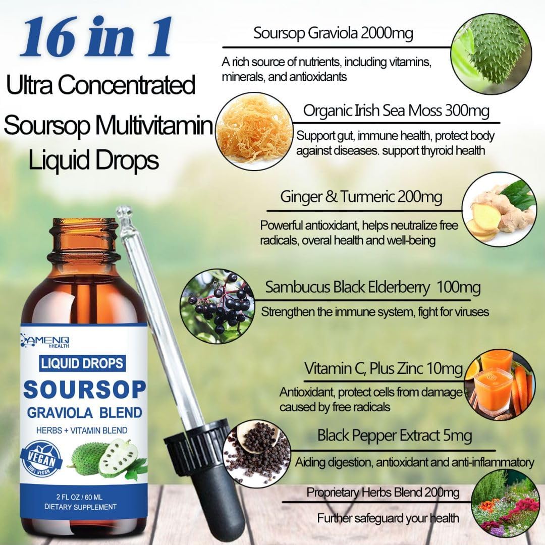 Organic Soursop Bitters Liquid with Sea Moss, Elderberry, Multivitamin & Zinc - 16-in-1 Soursop Oil for Skin, Cell Support, Antioxidant, Immune Booster - Pineapple Flavor - 2 Fl/Oz