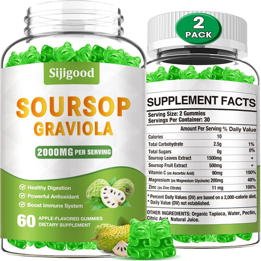 Organic Soursop Graviola Gummies - 2 Pack with Digestive Aid & Immune Support - 120 Apple Flavored Antioxidant Gummies
