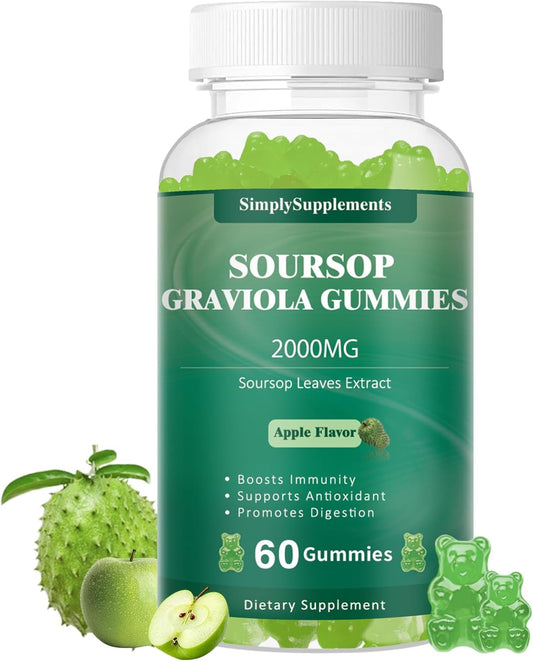Organic Soursop Graviola Gummies 2000mg for Antioxidant & Immune Support - Vegan Green Apple Flavor - 60 Gummies