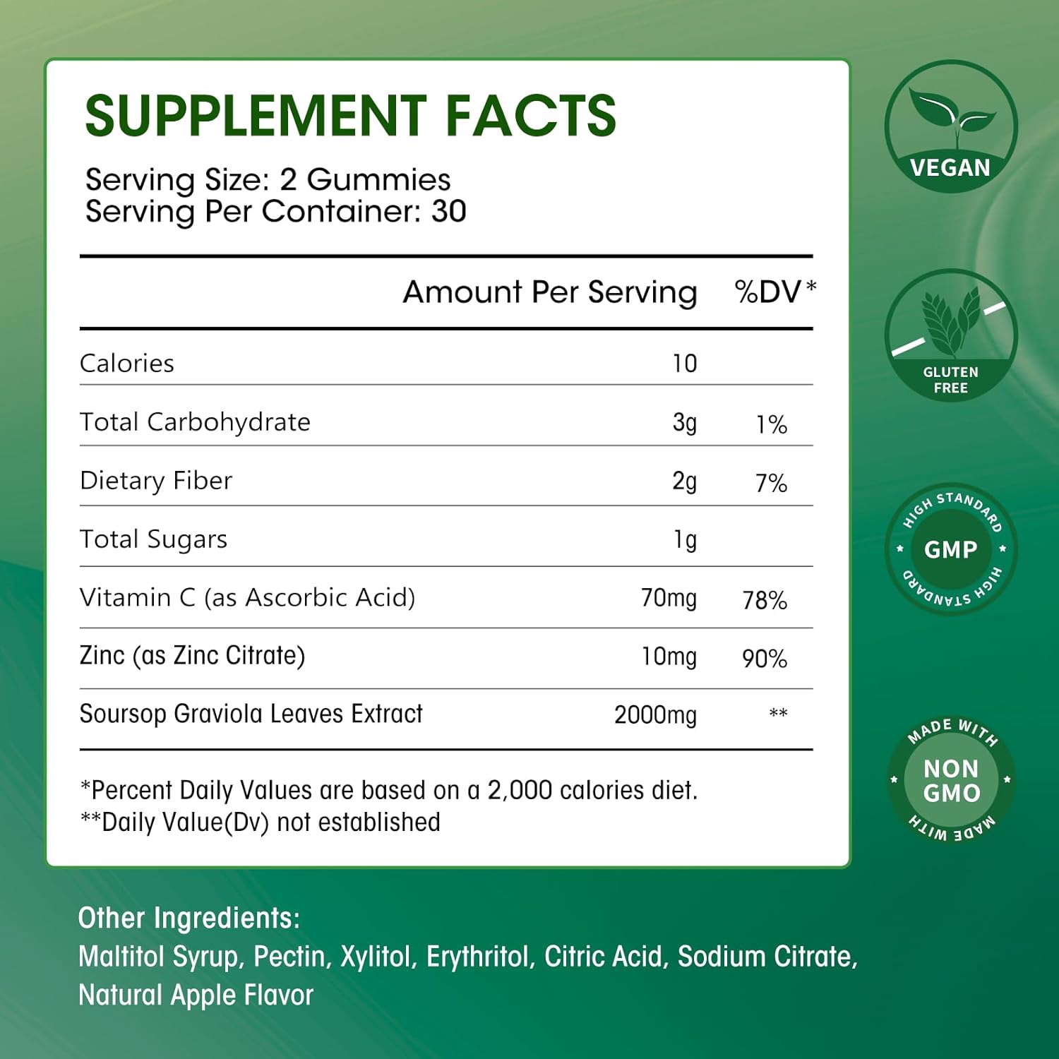 Organic Soursop Graviola Gummies 2000mg for Antioxidant & Immune Support - Vegan Green Apple Flavor - 60 Gummies