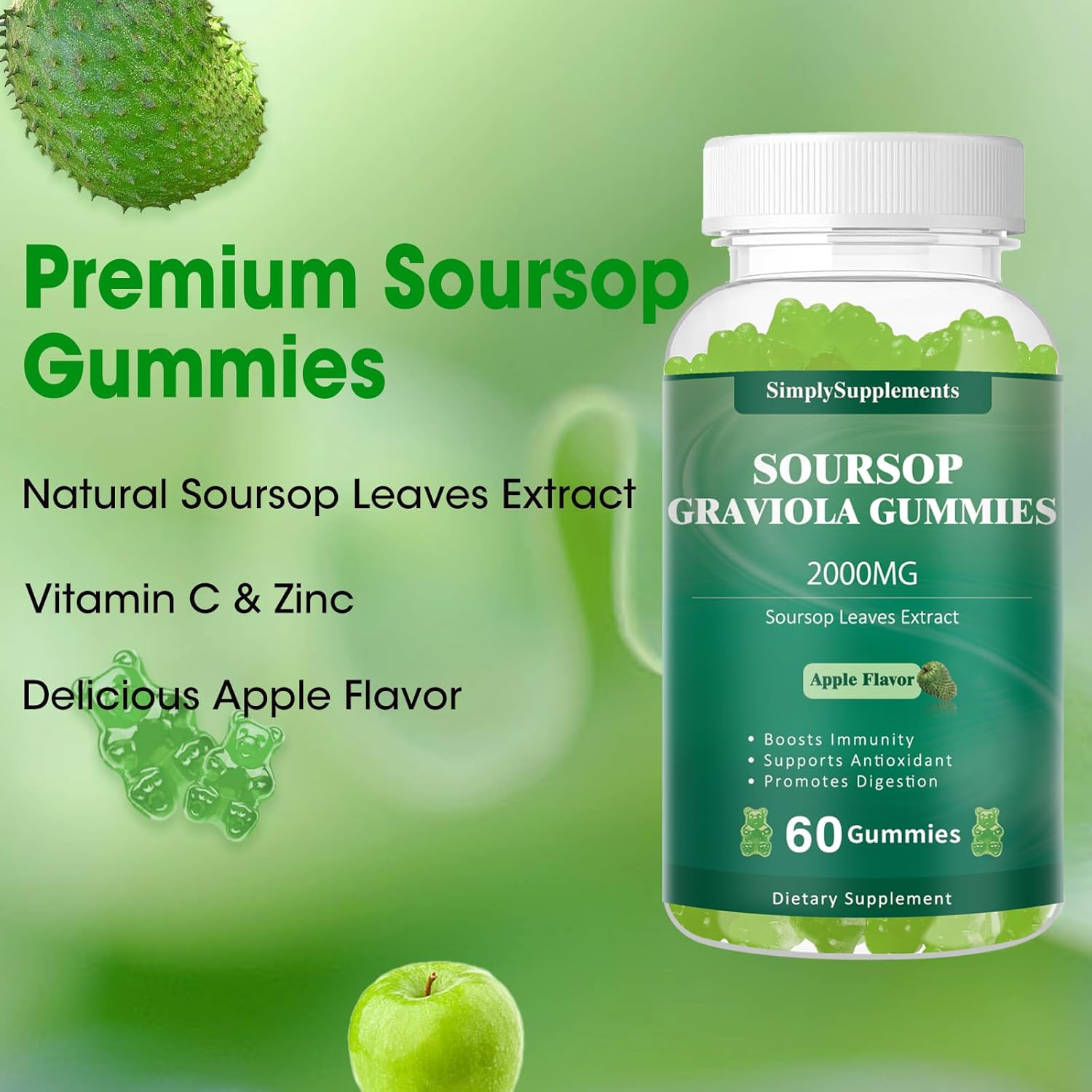 Organic Soursop Graviola Gummies 2000mg for Antioxidant & Immune Support - Vegan Green Apple Flavor - 60 Gummies