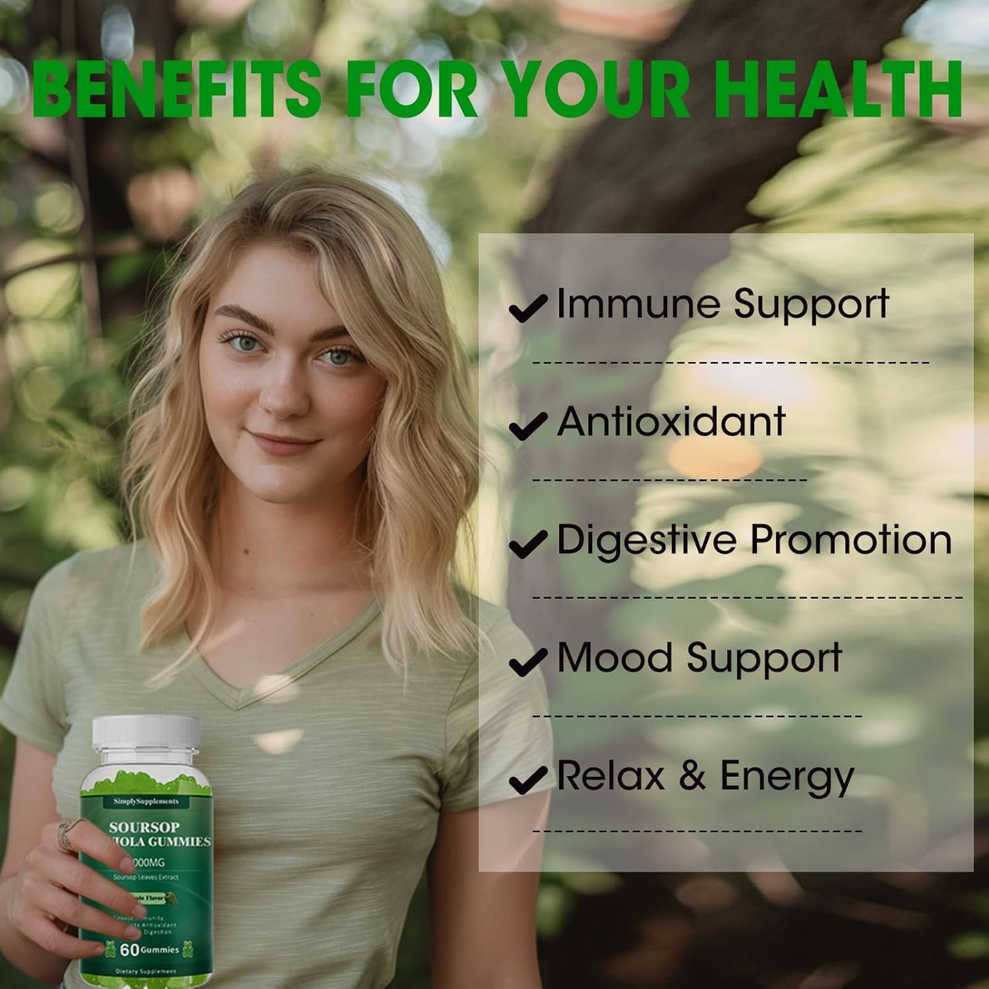 Organic Soursop Graviola Gummies 2000mg for Antioxidant & Immune Support - Vegan Green Apple Flavor - 60 Gummies